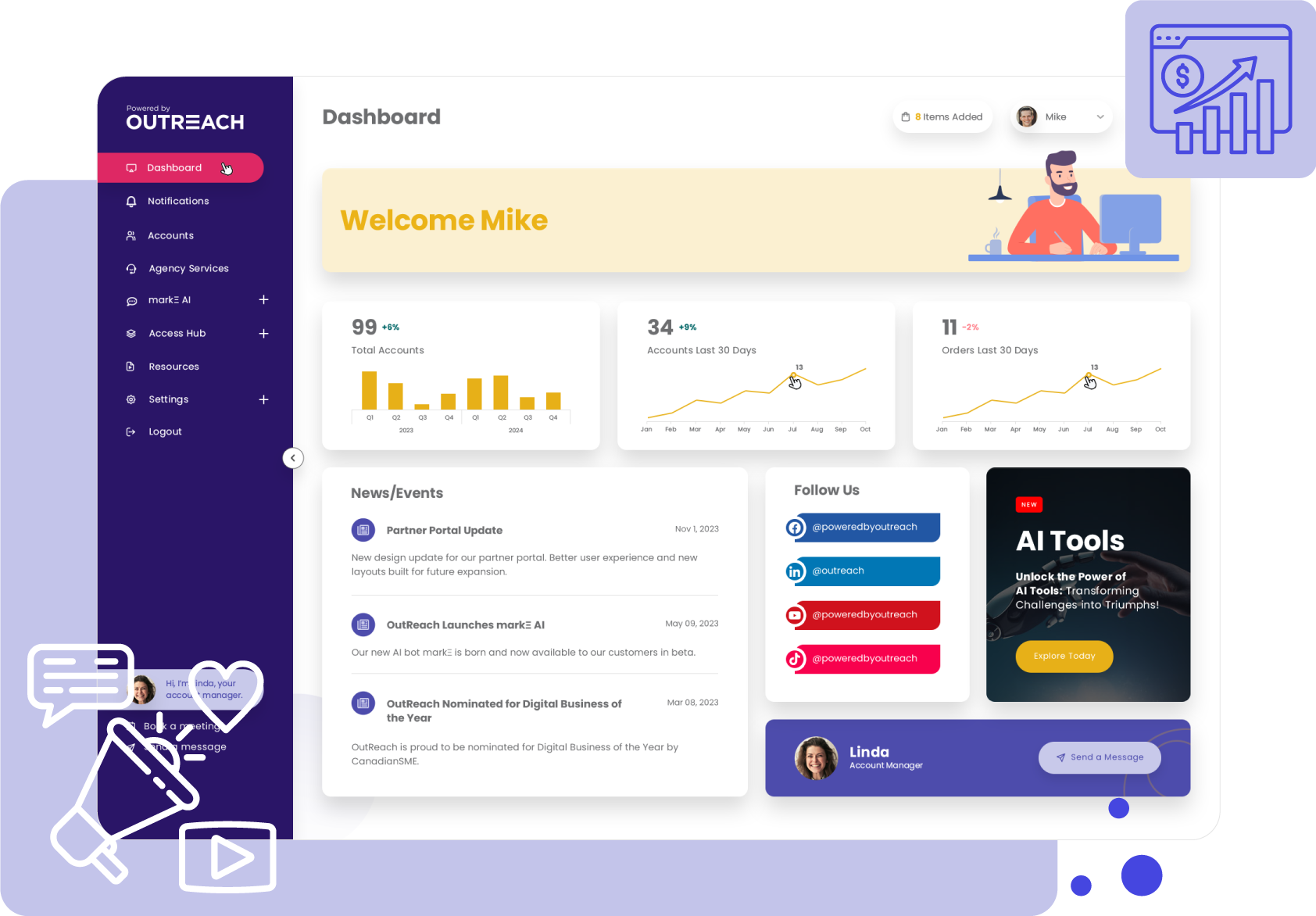 white label marketing software platform user interface by Powered by OutReach